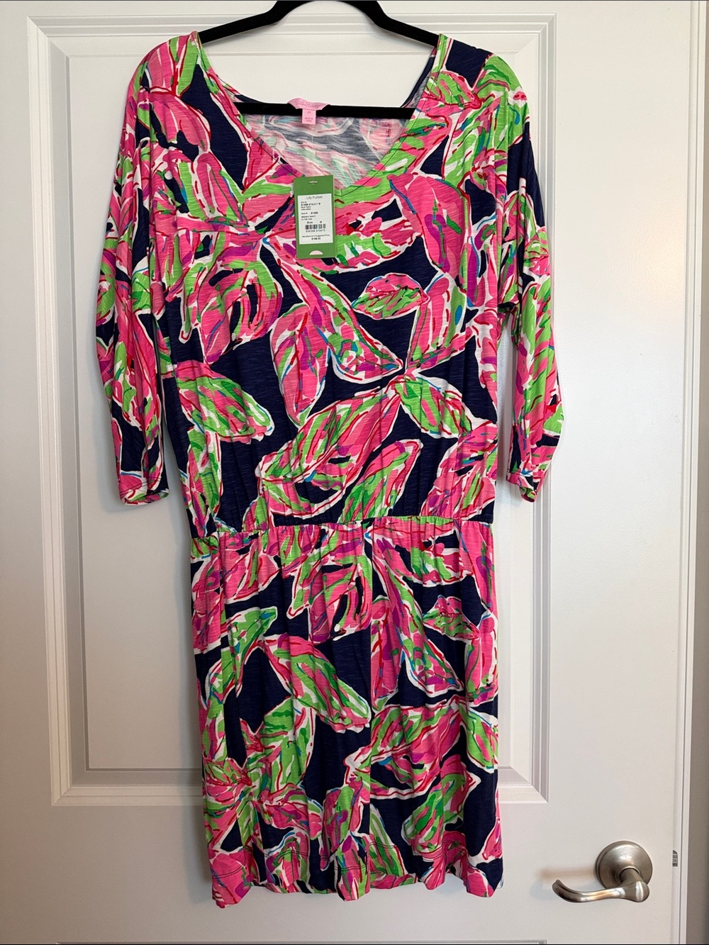 Lilly Pulitzer Navy Dress with Pink & Green Leaf Print